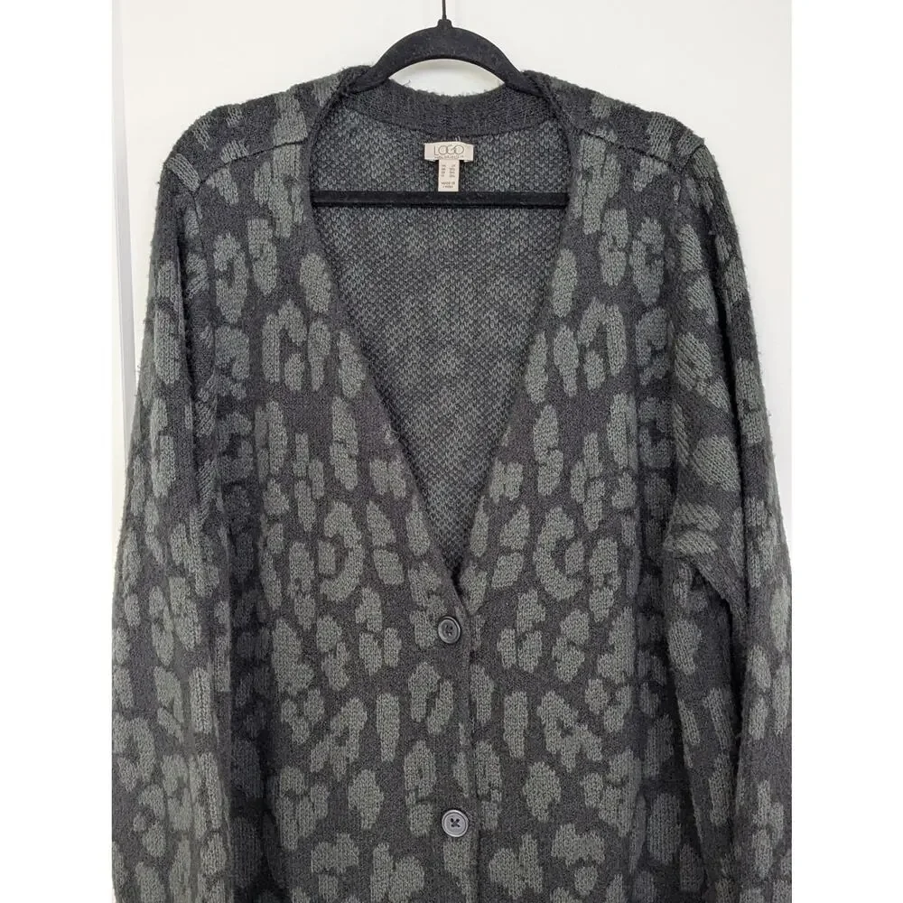 LOGO Lori Goldstein Cardigan Sweater 2X Leopard Print Long Duster Pockets